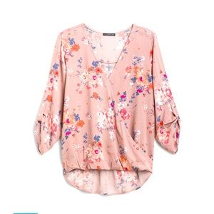High low roll tab pink floral blouse